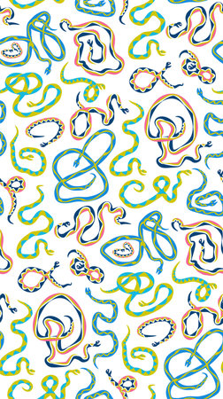 Funny wavy ornamental snakes in cartoon flat style on white background. Cute seamless pattern...