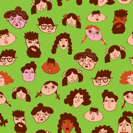 Vibrant funny seamless pattern with different faces of people in doodle freehand style in trendy green.のイラスト素材