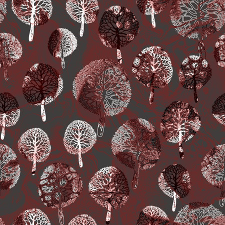 Brown forest hand drawn seamless pattern with openwork trees silhouettes in doodle style. Nature design for create textile, wallpaper, apparel, wall panel, poster, baby bedding, organic package.の写真素材