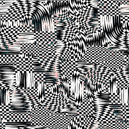 Abstract checkered seamless texture with deformation effect in monochrome tones. Modern psychedelic...