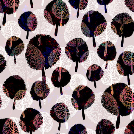 Cartoon seamless pattern with brown trees silhouettes in doodle style. Nature design for create textile, wallpaper, wall panel, poster, bedding, organic package, decorationsの写真素材