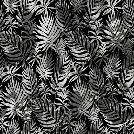 Trendy palms leaves black and white seamless pattern with shadow effect. Perfect for fashion apparel fabric, trendy package, bedding, wallpaper, accessories, outerwear, cloth textile.の写真素材