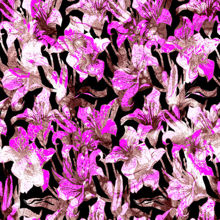 Pink brown seamless pattern with silhouettes Lily flowers drawn by hand. Home textile, wallpaper, fabric, bedding, package, posters.の写真素材