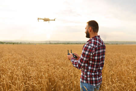 Farmer holds remote controller with his hands while copter is flying on background. Drone hovers behind the agronomist in wheat field. Agricultural new technologies and innovations. Back viewの写真素材