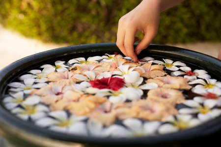 Woman makes decor arrangement in green bowl on the water of frangipani plumeria flowers. Isolated view of hands and floristic composition. Aroma spa concept.の写真素材