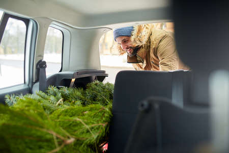Bearded man loading christmas tree into the trunk of his car, inside view. Hipster puts fir tree...