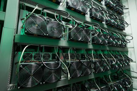 Bitcoin miners in large farm. ASIC mining equipment on stand racks mine cryptocurrency in steel...