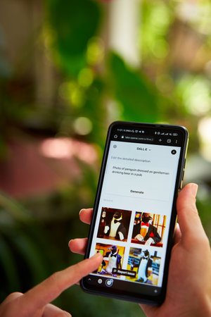 February 5, 2023, Mirissa, Sri Lanka. Using OpenAI DALL-E on phone. Woman testing artificial intelligence image generator. Person creating pictures via neural network online close-up. Human and AIのeditorial素材