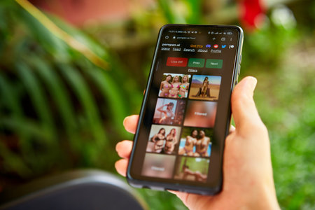 February 5, 2023, Mirissa, Sri Lanka. Using Pornpen website on phone. Woman testing artificial intelligence erotic image generator. Person creating nudity pictures via neural network online close-up.のeditorial素材