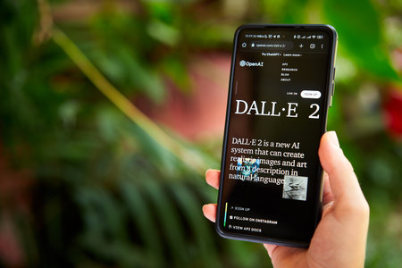 February 5, 2023, Mirissa, Sri Lanka. Using OpenAI DALL-E on phone. Woman testing artificial intelligence image generator. Person creating pictures via neural network online close-up. Human and AIのeditorial素材