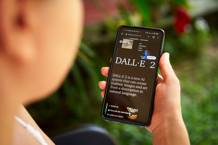 February 5, 2023, Mirissa, Sri Lanka. Using OpenAI DALL-E on phone. Woman testing artificial intelligence image generator. Person creating pictures via neural network online close-up. Human and AIのeditorial素材