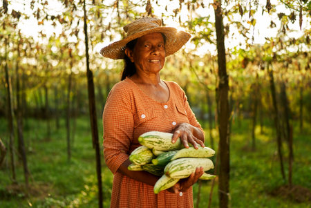 Elderly Indian rural female farmer smiles holding bunch of ripe gathered cucumbers. Senior Sri Lankan happy woman on her farm showing her green harvested vegetables. Farming and gardening conceptの写真素材