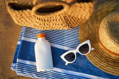 Sunscreen bottle on striped towel next to woven bag, straw hat, and white sunglasses on sandy beach suggests smart sun safety habits while soaking up the seaside ambience on a sunny day.の写真素材
