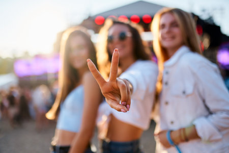 Group of female friends enjoy summer music festival on beach. Smiling girls in trendy outfits dance, laugh, show peace sign. Partygoers celebrate, have fun in sunset light at seaside concert event.の写真素材