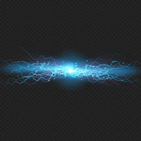 Lightning flash discharge of electricity on transparent background. Blue electrical visual effect.のイラスト素材