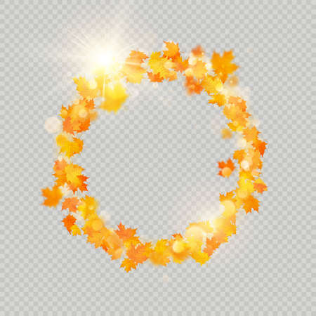 Fall maple leaves frame with delicate sun for decoration. Autumn leaves border template. Design element.のイラスト素材