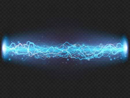 Lightning flash discharge of electricity on transparent background. Blue electrical visual effect. EPS 10 vector fileのイラスト素材