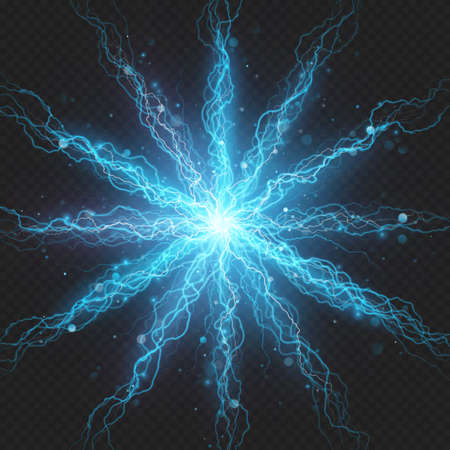 Lightning flash discharge of electricity on transparent background. Blue electrical visual effect....