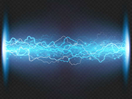 Lightning flash discharge of electricity on transparent background. Blue electrical visual effect. EPS 10 vector fileのイラスト素材