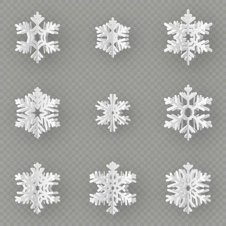 Set of nine different paper snowflake cut from paper isolated on transparent background. Merry Christmas, New Year winter theme decoration object. EPS 10 vector fileのイラスト素材