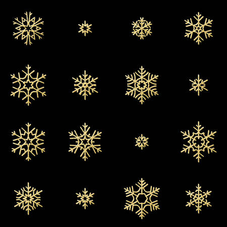 Set of sixteen shine relief golden snowflakes isolated on black background. New Year and Christmas card glittering decoration object. EPS 10 vector fileのイラスト素材