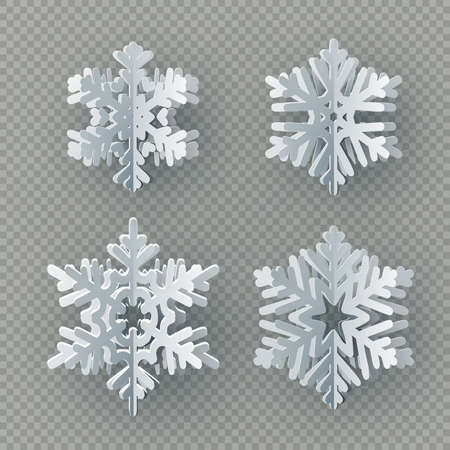 Set of nine different paper snowflake cut from paper isolated on transparent background. Merry Christmas, New Year winter theme decoration object. EPS 10 vector fileのイラスト素材