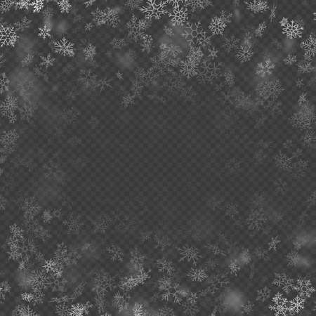 Realistic falling Christmas decoration snowflakes effect isolated on transparent background. Falling snow pattern. Magic white snowfall. EPS 10 vector fileのイラスト素材