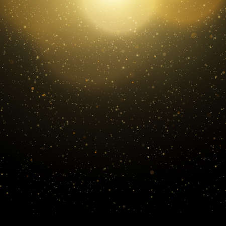 Abstract gold sparkle shine light confetti bokeh on glittering black background. Luxury shimmer texture template. EPS 10 vector fileのイラスト素材