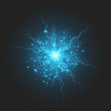 Realistic powerful electrical discharge lightning strike impact sphere effect on transparent...