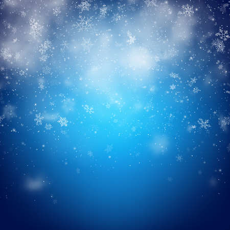 Christmas template with white blurred and clear snowflakes on blue background.のイラスト素材