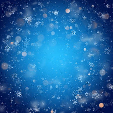 Christmas template with white blurred and clear snowflakes on blue background.のイラスト素材