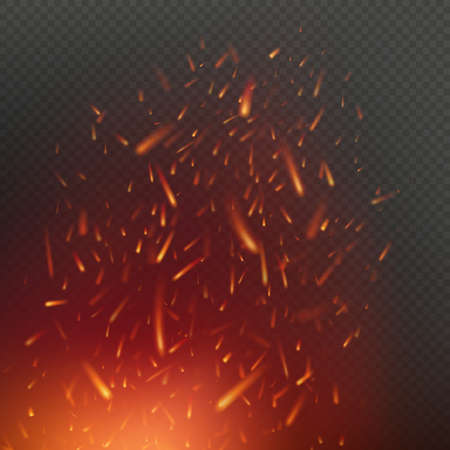 Fire sparks effect flying up with glowing particles in air over dark transparent background. EPS 10のイラスト素材
