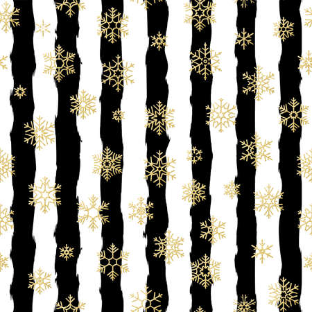 Seamless pattern design. Gold glittering snowflakes on black and white striped background. EPS 10 vector fileのイラスト素材