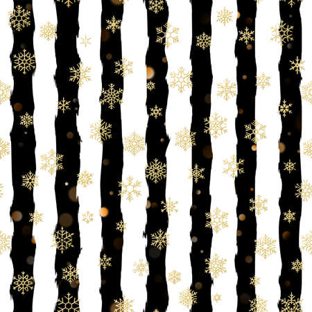 Seamless pattern design. Gold glittering snowflakes on black and white striped background. EPS 10 vector fileのイラスト素材