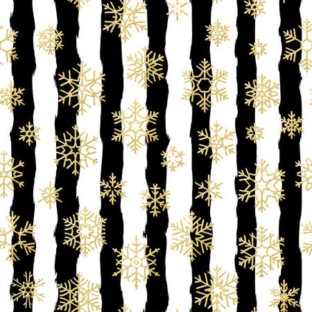 Seamless pattern design. Gold glittering snowflakes on black and white striped background. EPS 10 vector fileのイラスト素材