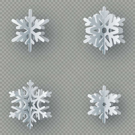 Set of nine different paper snowflake cut from paper isolated on transparent background. Merry Christmas, New Year winter theme decoration object. EPS 10 vector fileのイラスト素材