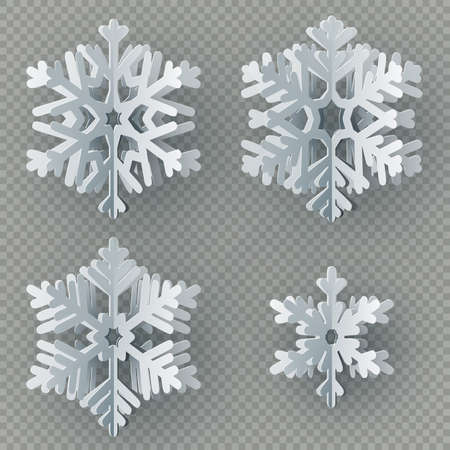 Set of nine different paper snowflake cut from paper isolated on transparent background. Merry Christmas, New Year winter theme decoration object. EPS 10 vector fileのイラスト素材