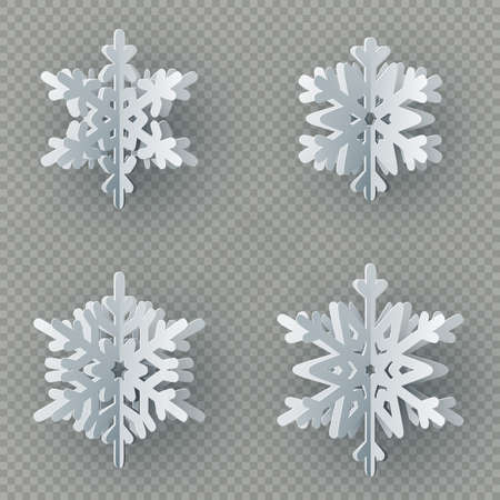 Set of nine different paper snowflake cut from paper isolated on transparent background. Merry Christmas, New Year winter theme decoration object. EPS 10 vector fileのイラスト素材
