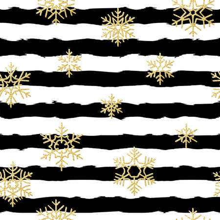 Seamless pattern design. Gold glittering snowflakes on black and white striped background. EPS 10のイラスト素材