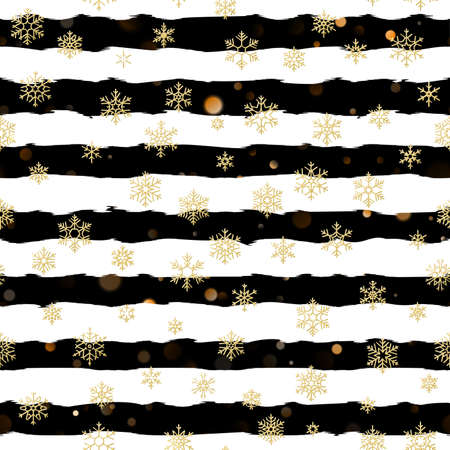 Seamless pattern design. Gold glittering snowflakes on black and white striped background. EPS 10のイラスト素材