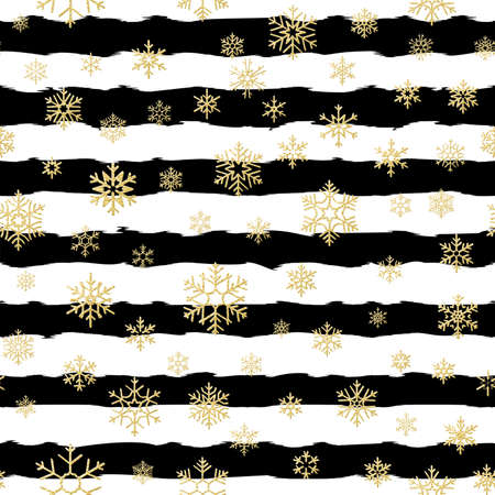Seamless pattern design. Gold glittering snowflakes on black and white striped background. EPS 10のイラスト素材