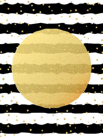 Greeting card template. Gold glitter foil dots confetti on striped white and black background. EPS 10のイラスト素材