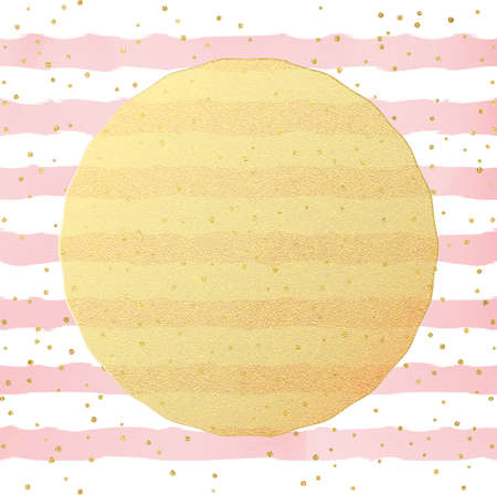 Greeting card template. Gold glitter foil dots confetti on striped white and pink watercolor background. EPS 10のイラスト素材