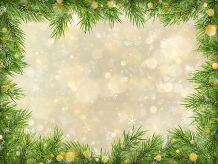 Christmas gold bokeh with tree branches frame background. EPS 10のイラスト素材