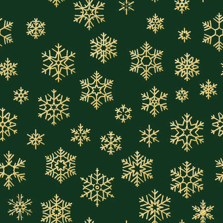 Christmas seamless pattern with gold snowflakes on green background. Holiday design for Christmas and New Year decoration. EPS 10 vector fileのイラスト素材