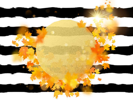 Gold circle with autumn maple leaves background. Season template for design banner, ticket, leaflet, card, poster and another. EPS 10 vector fileのイラスト素材