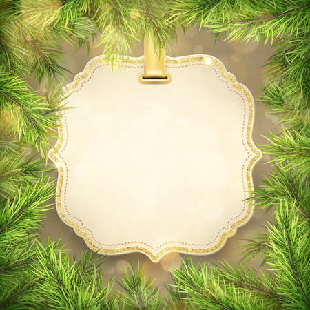 Christmas tree branches frame with label, tag frame decoration for New Year holiday sale shopping promotion. EPS 10 vector fileのイラスト素材