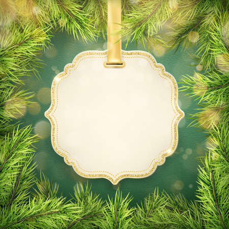 Christmas detailed realistic frame with fir and tag space for text. EPS 10 vector fileのイラスト素材