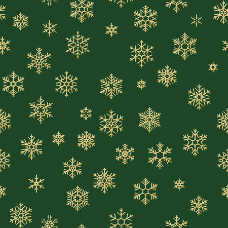 Golden glittering snowflakes seamless pattern on green background. EPS 10 vector fileのイラスト素材