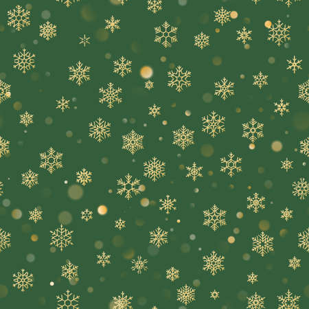 Christmas seamless pattern with gold snowflakes on green background. Holiday design for Christmas and New Year decoration. EPS 10 vector fileのイラスト素材